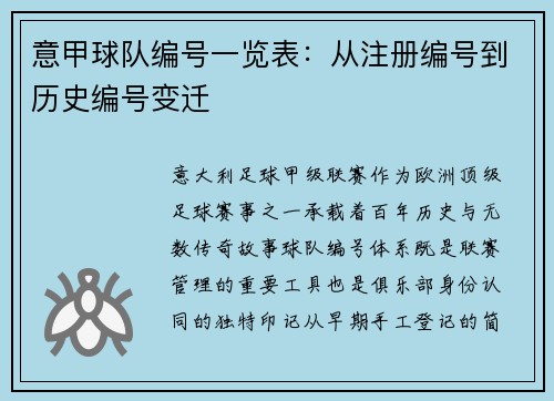 意甲球队编号一览表：从注册编号到历史编号变迁